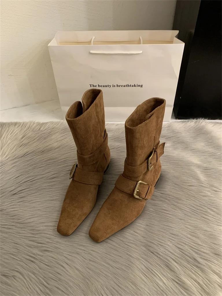 Retro French Style Short Boots Women'S Western Square Head Design Korean Version  Small Mass Market Suede Mid-Calf Boots
