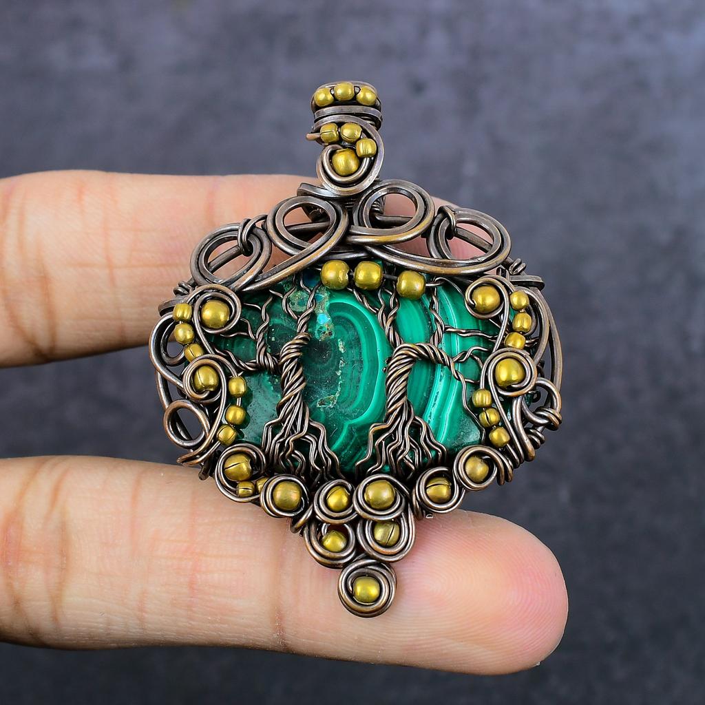 Natural Malachite Handmade Copper Wirewrap Tree Of Life Gift Pendant 2.36" G3J39