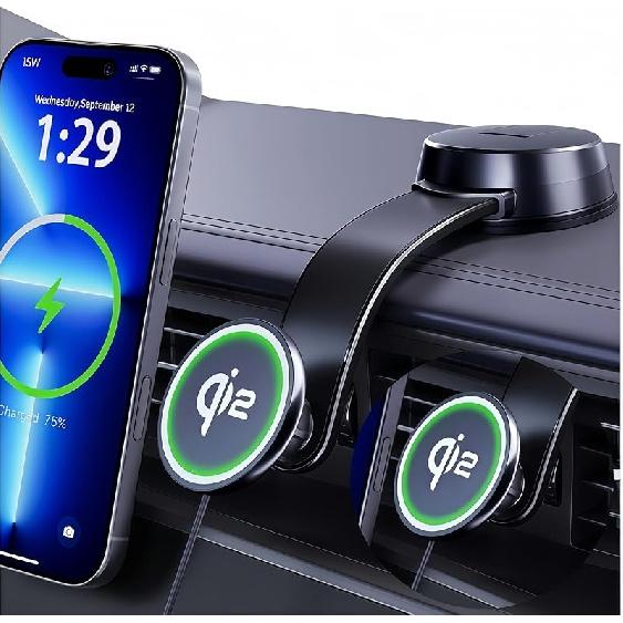 Upgrade [Qi2-Certified] 15W for MagSafe Wireless Car Charger Mount, 2XFast Charging[90+LBS Safe Suction] Magnetic Phone Holder Dashboard Windshield
