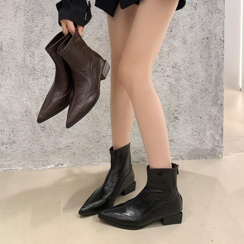 Fashion Booties Women's Fashion Pointed Toe Spliced Rear Zipper Soft Sole Waterproof Non-Slip Block Heel Shoes