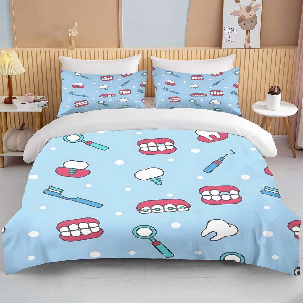 Niedliches Cartoon-Zähne-Druck Bettwäscheset Bettbezug 1 Bettbezug 2 Kissenbezüge Bettwäscheset für Erwachsene und Kinder Luxus-Bettüberwurf-Set
