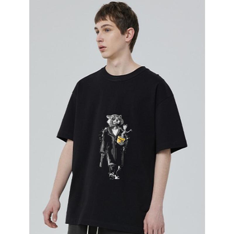 Black T Shirt with Raccoon In Suit Holding Cup and Gun Print for Casual Wear