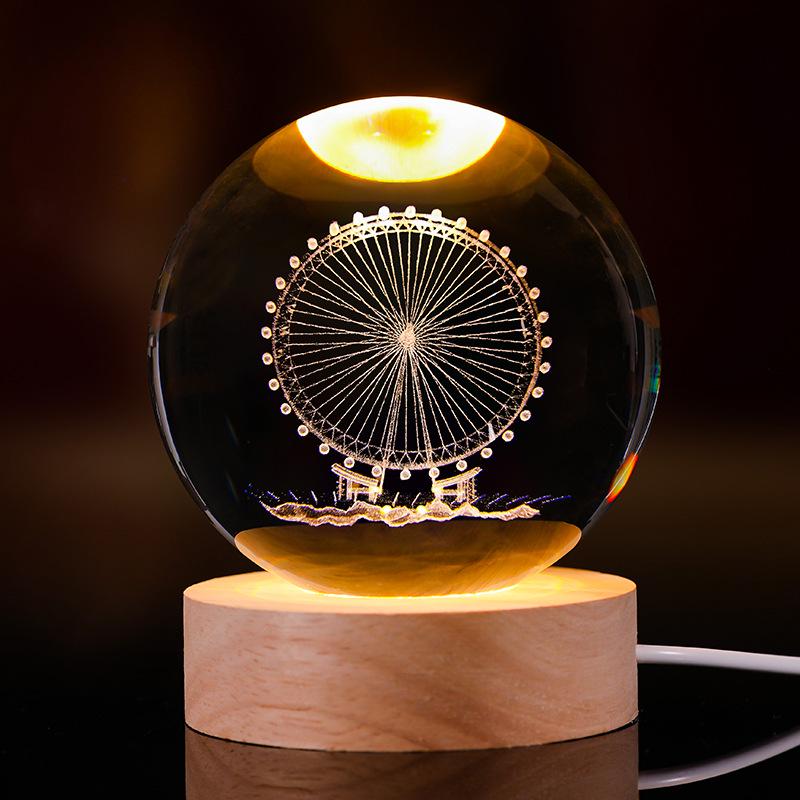 3D Starry Sky Crystal Ball Night Light with Solid Wood Base - Luminous Desktop Ornament & Birthday Gift