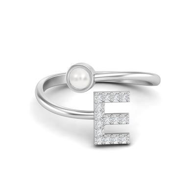 Capital E Initial Letter Pearl Women Adjustable Front Open Ring 925 Sterling Silver