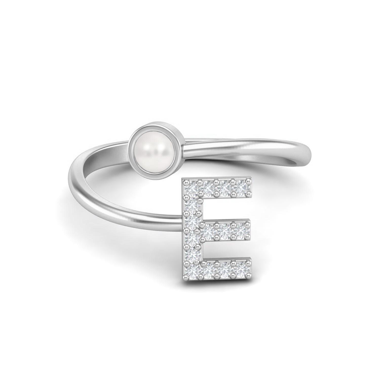 

Capital E Initial Letter Pearl Women Adjustable Front Open Ring 925 Sterling Silver 11 білий