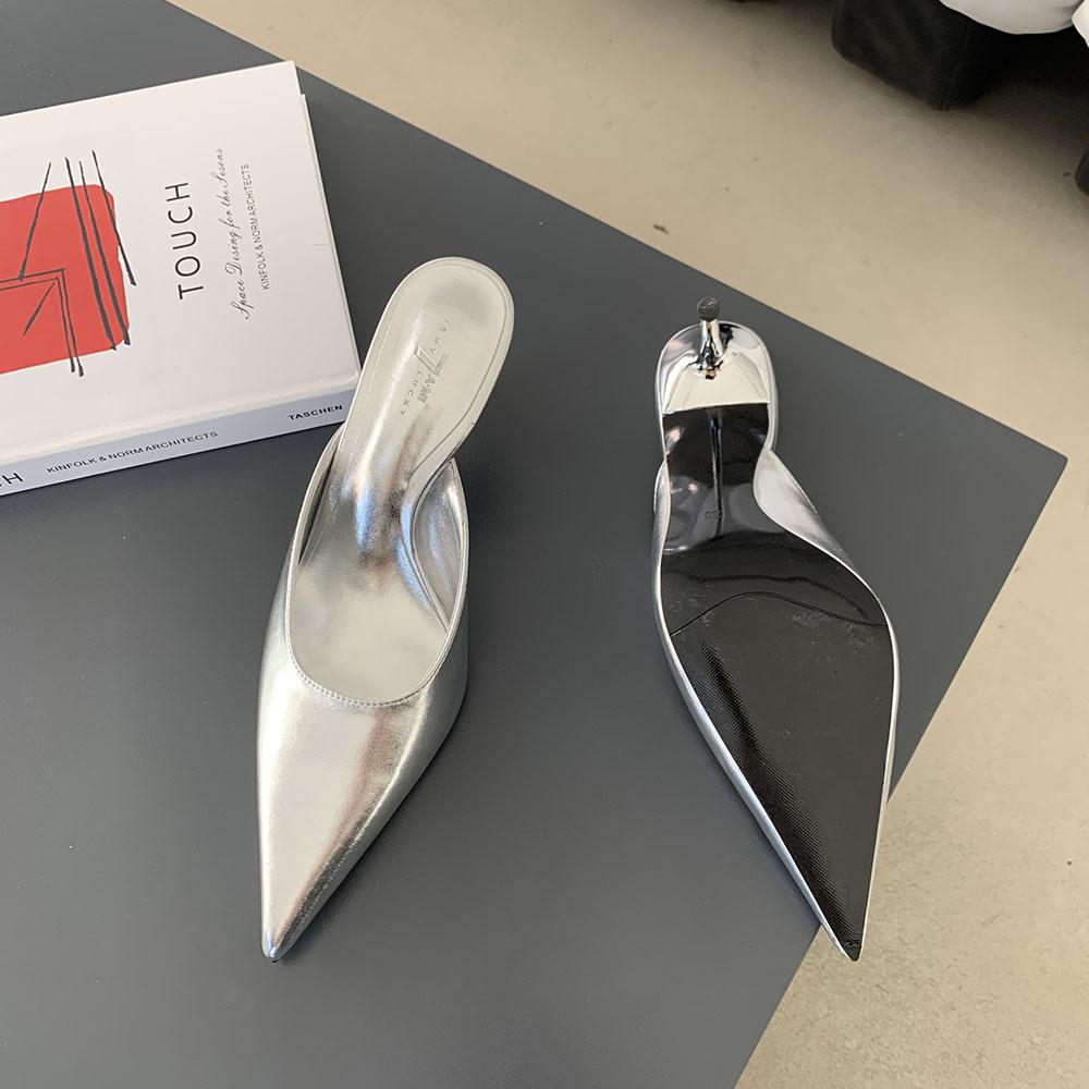 Fashion Pointed Toe Women Slides Slippers Outside Mules Shoes Black Gold Silver White Thin High Heels Summer Outside Mules Shoes Office