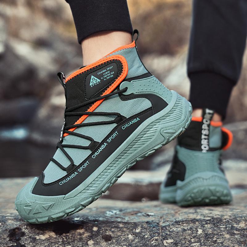 2025 Outdoor Green Walking Shoes Men Fashion High Top Casual Boots Men Platform Breathable Hiking Shoes For Men Trekking Boots