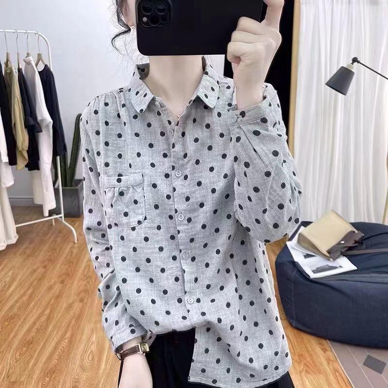 Весенняя мода ретро горошек рубашка с длинными рукавами уменьшающая возраст топ корейская свободная рубашка M