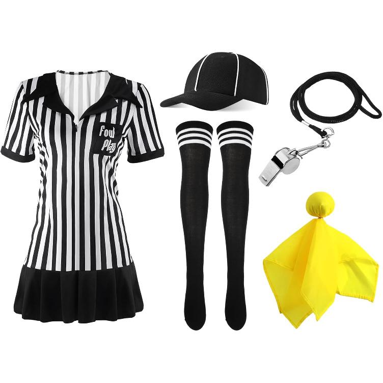 SATINIOR 5 шт. Женский костюм судьи Набор формы судьи Полосатая футболка рефери Шляпа Длинные носки Свисток для Хэллоуина Косплей Вечеринки Medium