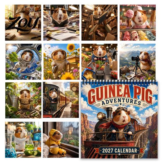 Guinea Pig Wall Calendar 2025 2027 Adventures Calendar, Cute 12 Monthly Planner with Creative Adventure Theme Imaginative Scenes, Spiral Bound Hanging