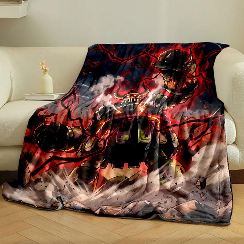 A fiery robotic figure surrounded by glowing cracks and red energy. for all seasons blanket lunch break throw gift