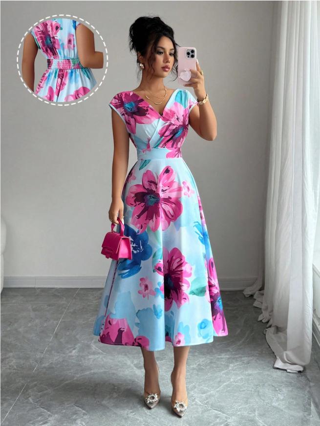 

2026 Elegant Watercolor Print V-neck Waist-cinching Slimming Long Dress Small синій
