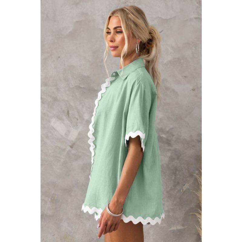 VEZFAA Damenmode Lässig Sommer Frühling Spitze Druck Kurzarm POLO-Kragen Hosenanzüge