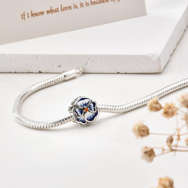 Pink Blue Purple Pansy Flower Charm Bead Accessories Gift fit European Original Silver Bracelet DIY Jewelry for Women
