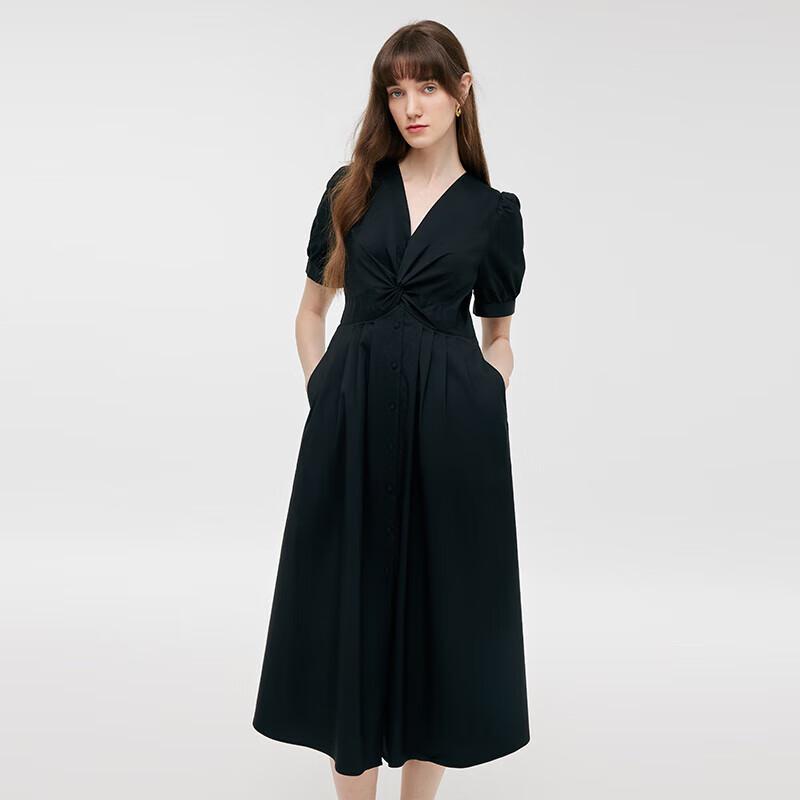 GOELIA Women's V-Neck Knot Cotton A-Line Midi Dress