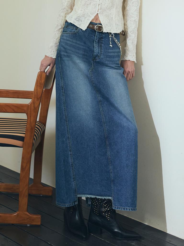 Oal Denim Column Long Skirt_Midium Blue