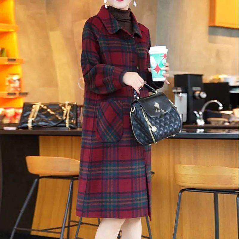 2024 Autumn/Winter Red Plaid Wool Coat - Korean Style Double-Faced Overcoat for Women, Perfect for Middle-Aged and Elderly Moms.