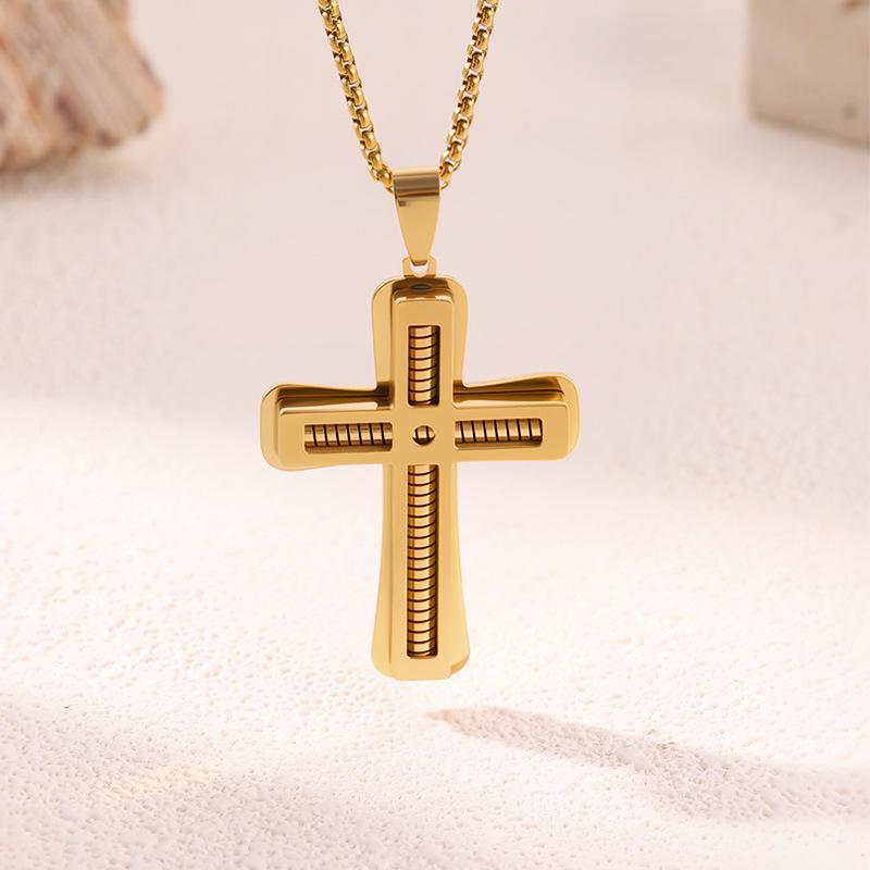 Bestselling Men's Two-Tone Wooden Cross Titanium Steel Dog Tag Necklace