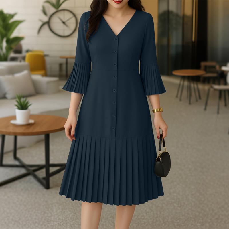 ZANZEA Women Casual V-Neck Solid Color 3/4 Sleeve Pleated Dress