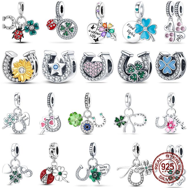 100% 925 Silver Heart Shaped Four Leaf Clover Ladybug Charms Fit Original 925 Women Bracelet DIY Jewelry Making Gift