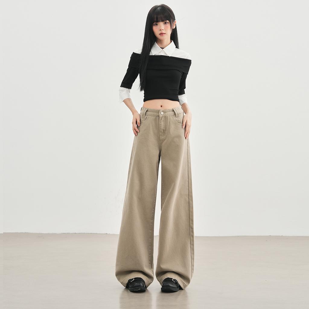 Romon Autumn/Winter Jeans Women's American Khaki High Waist Straight Tube Versatile Loose Look Thin Wide Legs Floor length Pants