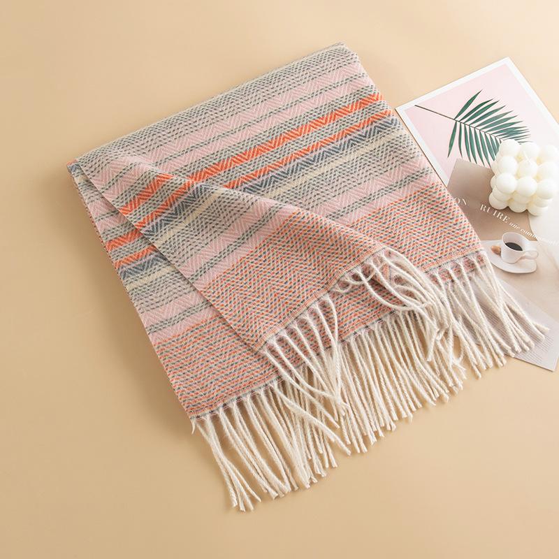 Japanese and Korean Colored Striped Imitation Cashmere Tassel Scarf for Women High End Contrast Color Versatile Thickened Warm Scarf