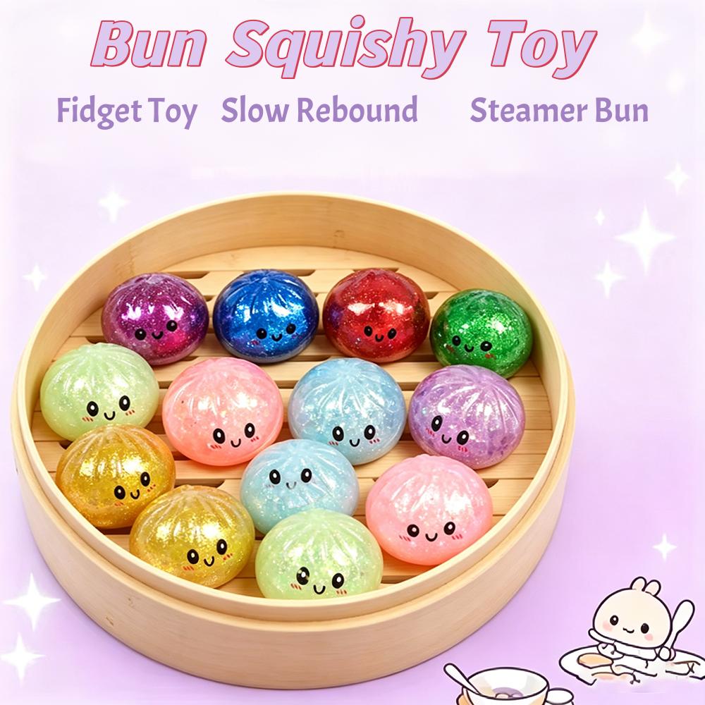 Favorite Toy Mini Glitter Squishy Bun Stress Balls Kawaii Steamed Dumpling Squeeze Toys With Steamer Sensory Fidget Toys For Anxiety Relief