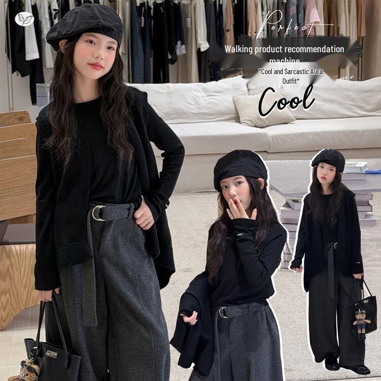 Mädchen Set im koreanischen Stil: Schwarze Strickweste mit Weitbeiniger Hose und Langarmshirt - Ankunft Herbst 2026
