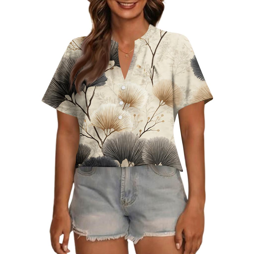 Women's Fashionable Casual V Neck Button Up Oversized Short Sleeve Printed Top
