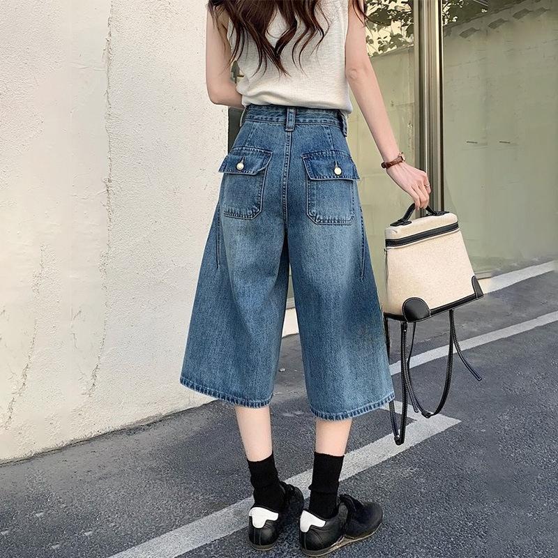 American High Street Retro Wide-leg Cropped Jeans Women s Summer Commute High-waisted Loose Straight Pants High Waist Washed Blue Seven-point Shorts XS