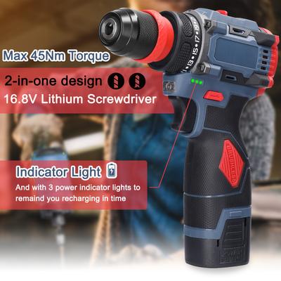 Șurubelniță electrică fără fir 2 în 1 16.8V/21V, burghiu cu impact, motor fără perii 45/55Nm, reîncărcabilă, șurubelniță multifuncțională