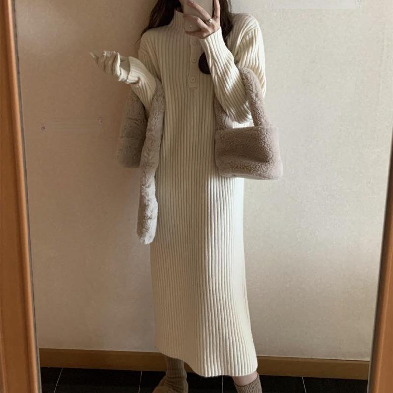 Retro loose and thin knitted dress for women's autumn and winter new medium and long inner sweater skirt trendy