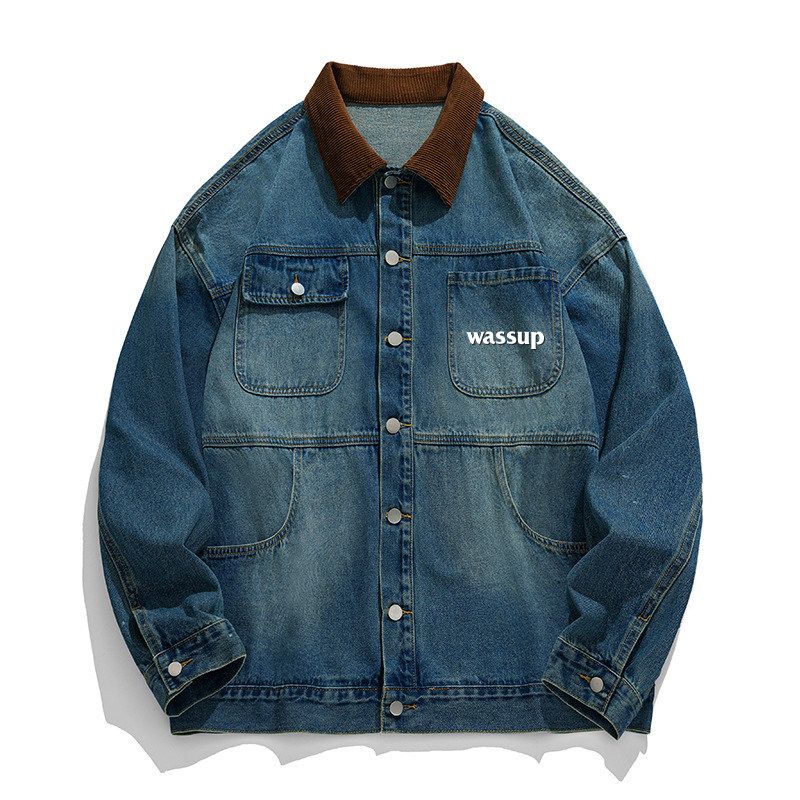 

Wassup Heods Trendy Brand Lapel Retro Denim Jacket for Men and Women, Autumn and Winter Japanese Style Casual Couple Jacket Top Blue X L