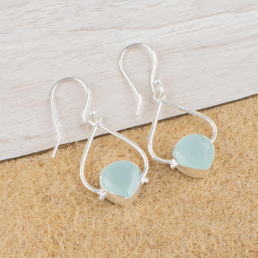 Aqua Chalcedony Silver Gemstone Jewelry, 925 Sterling Silver Earrings, Handmade Everyday Jewelry For Women