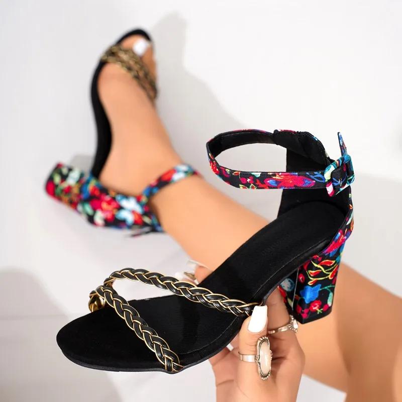 Ladies Shoes 2025 Hot Sale Open Toe Women's Sandals Printing Office and Career Summer New Plus Size Heeled Sandals
