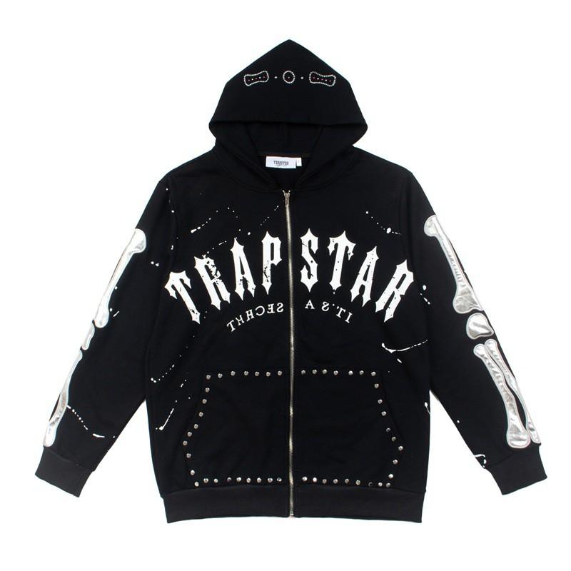 American Streetwear Trapstar X OM Hoodie Embroidered Bones Rhinestone Details Zip-Up Womens Casual Sweatshirt