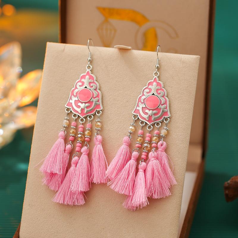 Ethnic Bohemian Tassel Earrings For Women Geometric Enamel Crystal Beads Handmade Long Vintage Female Drop Dangle Earrings Gift