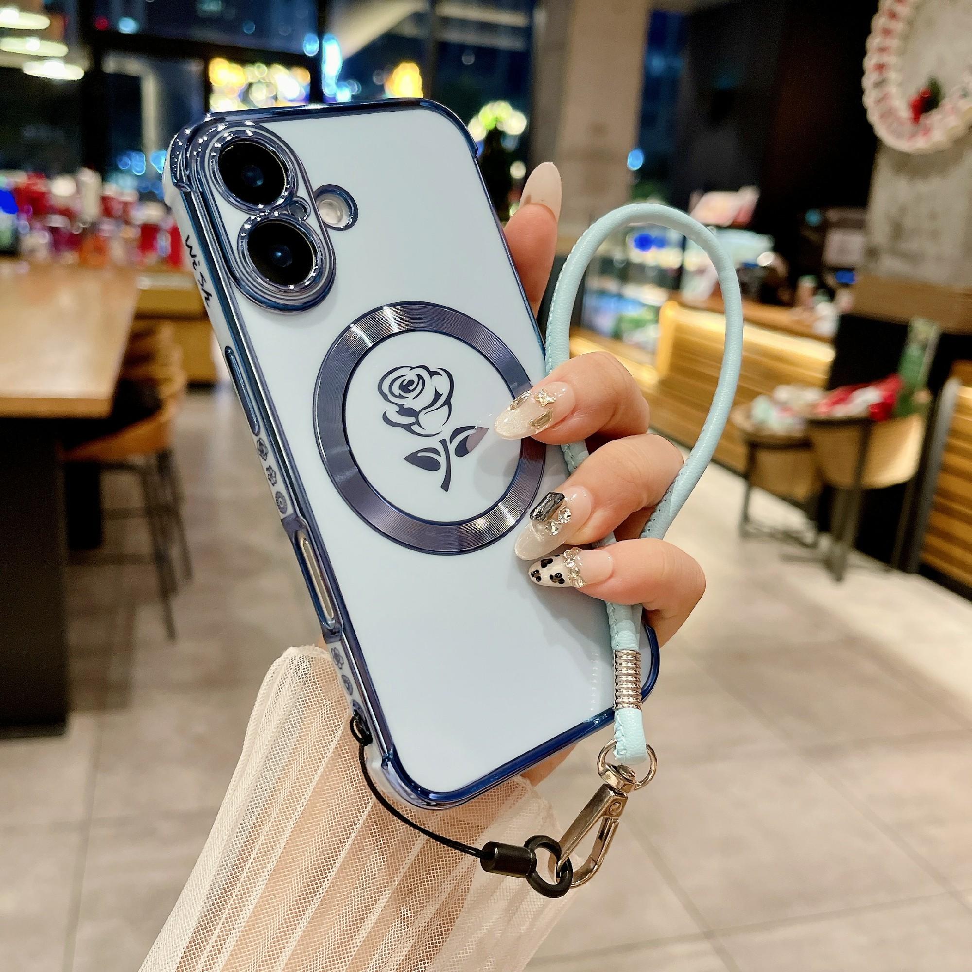 

For iPhone 16 Magnetic Case with Strap Rose Flower Electroplated TPU Phone Cover Blue