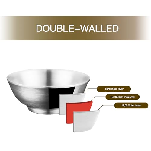 IMEEA Ramen Bowl, Noodle Bowl, Salad Bowl, Approx. 22cm, Stainless Steel, Dishwasher Safe, Heat Resistant, Hairline Double Layer, Set of 2