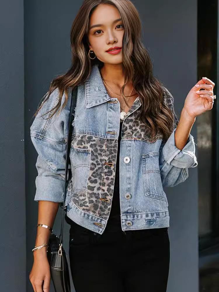 Women's Leopard Print Long Sleeve Denim Jacket - European and American Style for Autumn and Winter.