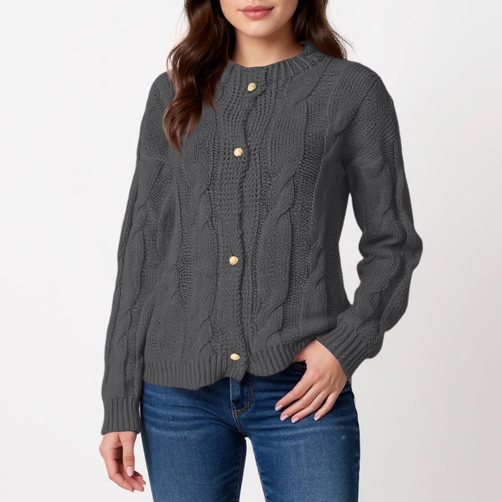 Damen Rundhals Langarm Zopfmuster Strickjacke Einfarbig Locker Gestrickte Strickjackenpullover Jacke