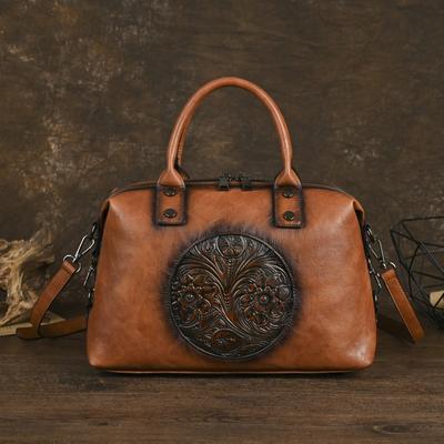 Vintage Handbag Hand Embossed Women's Bag Large Capacity Real Cowhide Versatile Shoulder Crossbody Bags