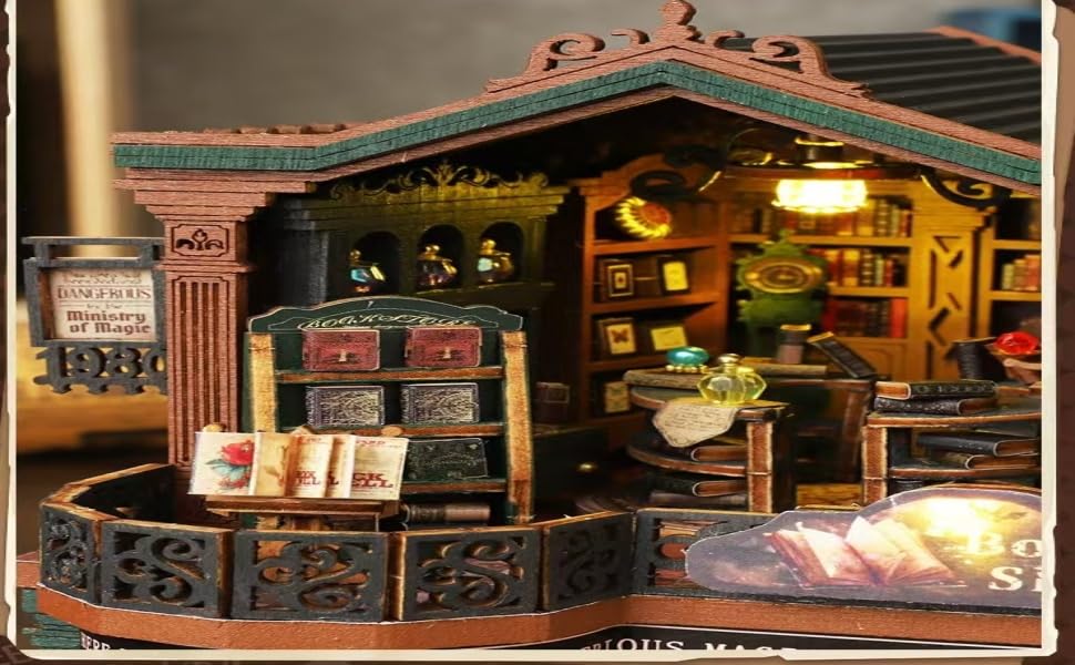 FSEARRT Puppenhaus DIY Bausatz Miniatur Puppenhaus Wohnzimmer Entspannungsartikel Buchhandlung Set, Bausatz, Deko, Geschenk, (Dämmerung (Staubdichtes Gehäuse))