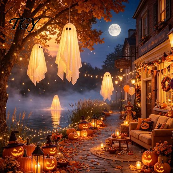 Beleuchtetes Geister-Set für Bäume 3 Stück Halloween Beleuchtete Hängende Dekorationen, Leuchtende Warme LED Schwebende Geister, Schwingende Ornamente Außen Display Baum