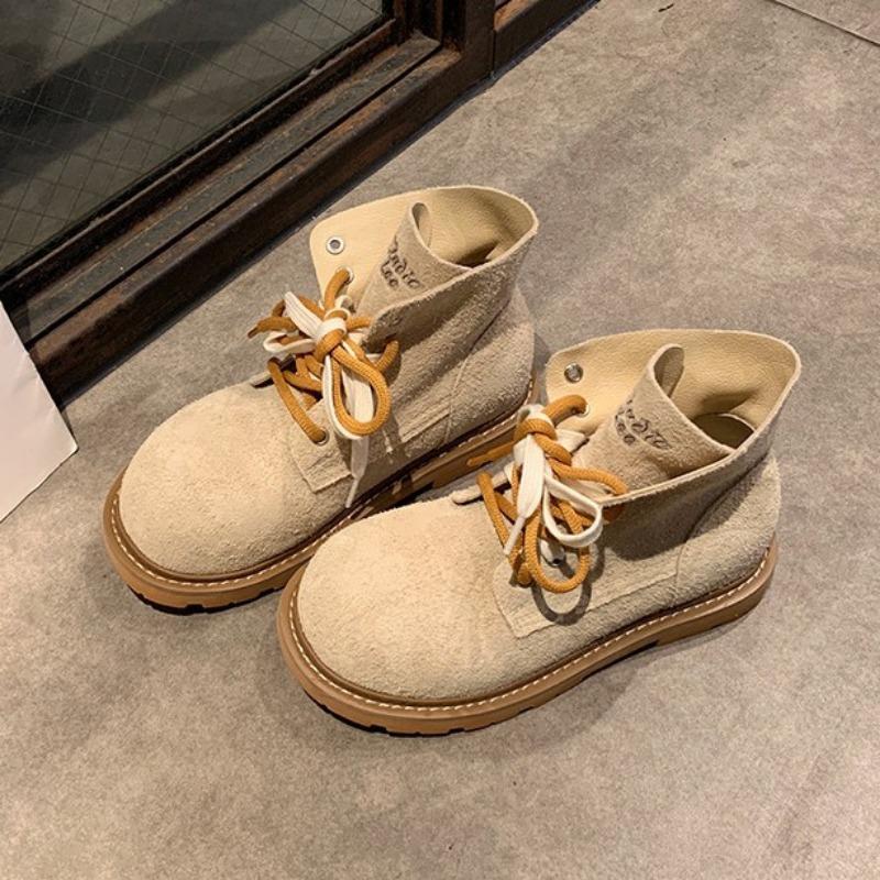 

Autumn and winter new height increase 4 fashionable large round head contrasting color double shoelaces short Martin boots women s autumn 35