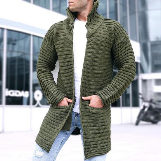 Men Cardigan Coat Knitted High Collar Long Sleeves Warm Pockets Sweater Coat