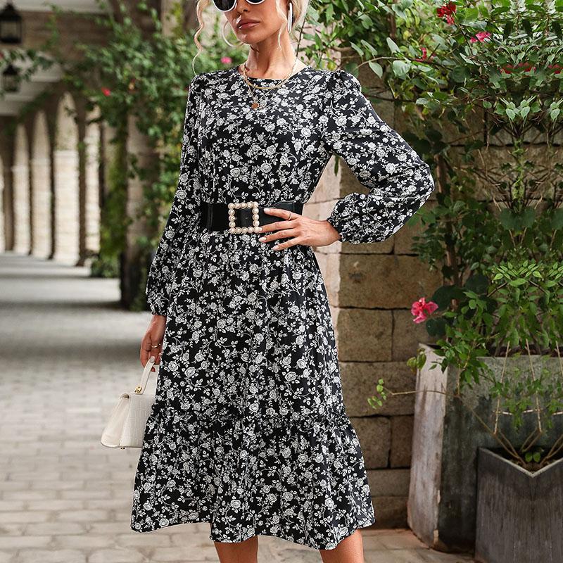 YYFS Women's Fashion Summer Spring Floral Print Long Sleeve O-Neck High Waist Casual Dresses