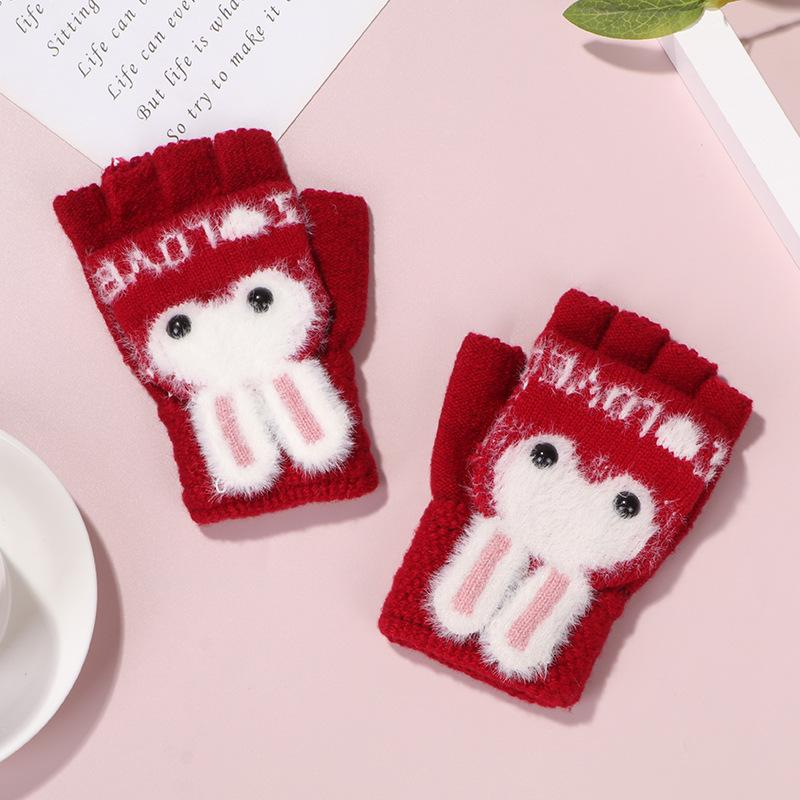 Autumn and winter new velvet thickened cute rabbit cold-proof warm gloves elastic half-finger flip-top knitted gloves