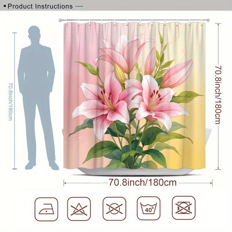 1pc Pink Lilies Shower Curtain - Lively Bouquet with Yellow Gradient, 70.8x70.8", 12 Hooks, Modern Floral Bathroom Decor