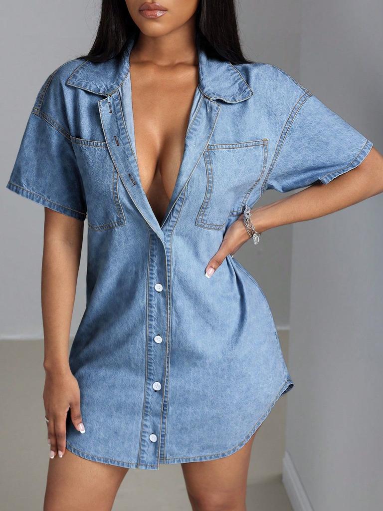 Women's Clothing, Lapels, Short Sleeves, Loose Fit, Denim Shirts, Dresses